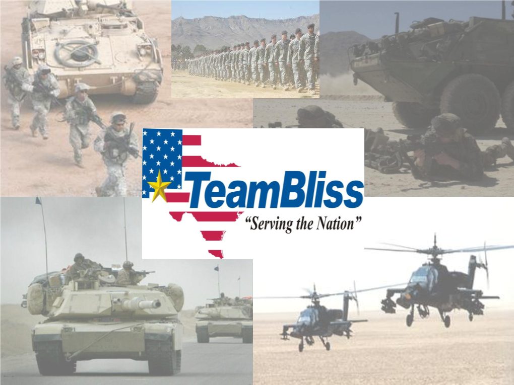 The NEW Fort Bliss Past -Present -Future Teammates Caring for Troopers and Families Training the Force Land and Ranges LVC/IA Questions