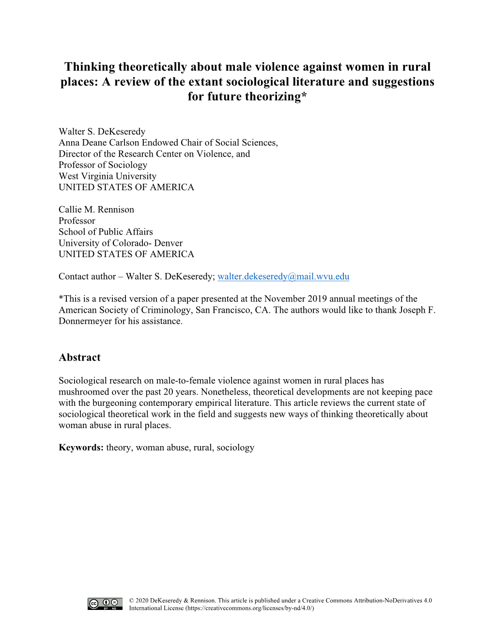 Thinking Theoretically About Male Violence Against Women in Rural Places: a Review of the Extant Sociological Literature and Suggestions for Future Theorizing*