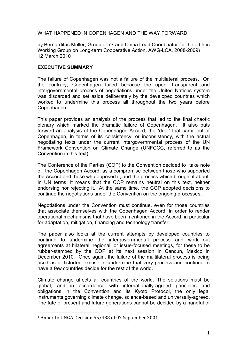 1 WHAT HAPPENED in COPENHAGEN and the WAY FORWARD by Bernarditas Muller, Group of 77 and China Lead Coordinator for the Ad Hoc W