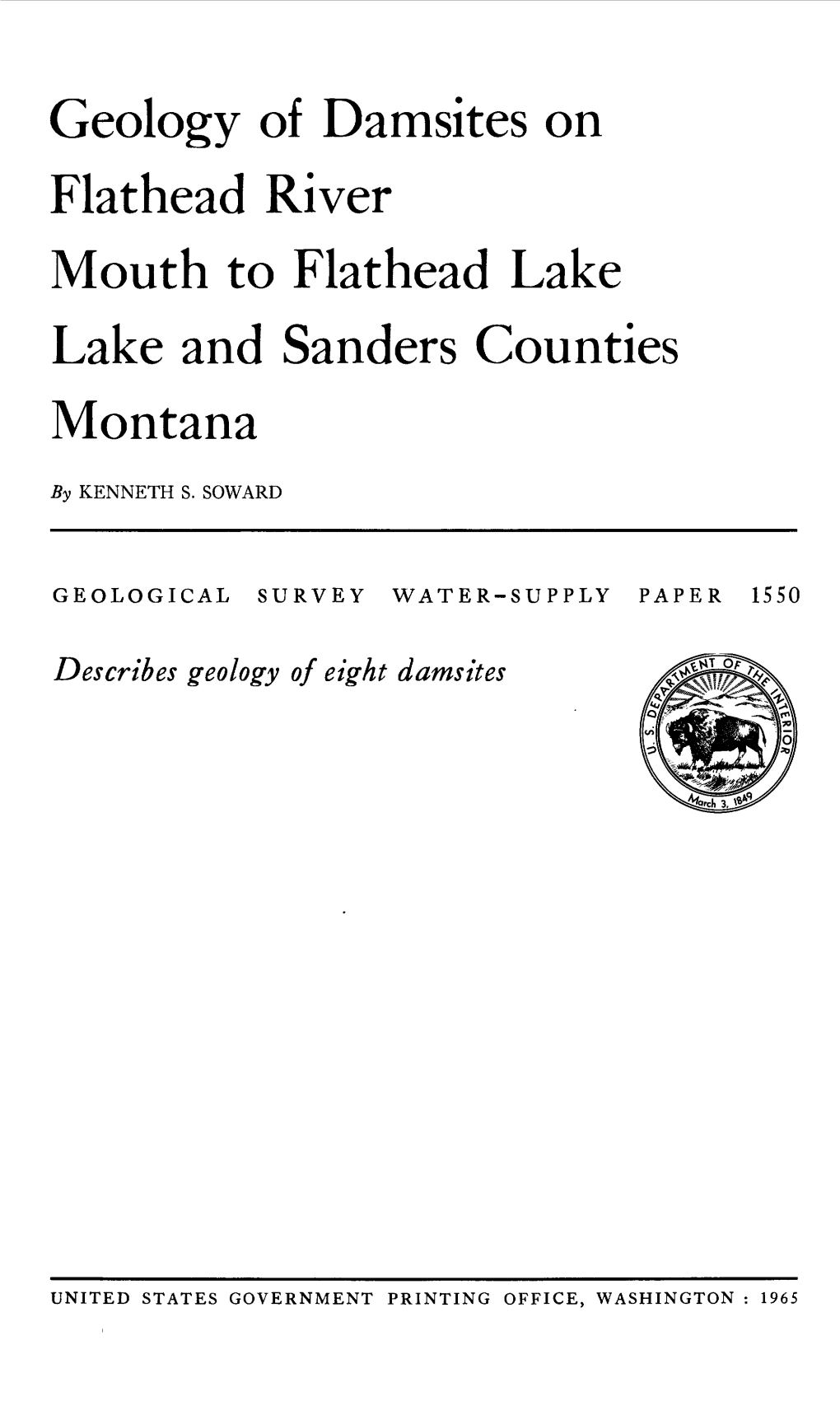 Geology of Damsites on Flathead River Mouth to Flathead Lake Lake and Sanders Counties Montana