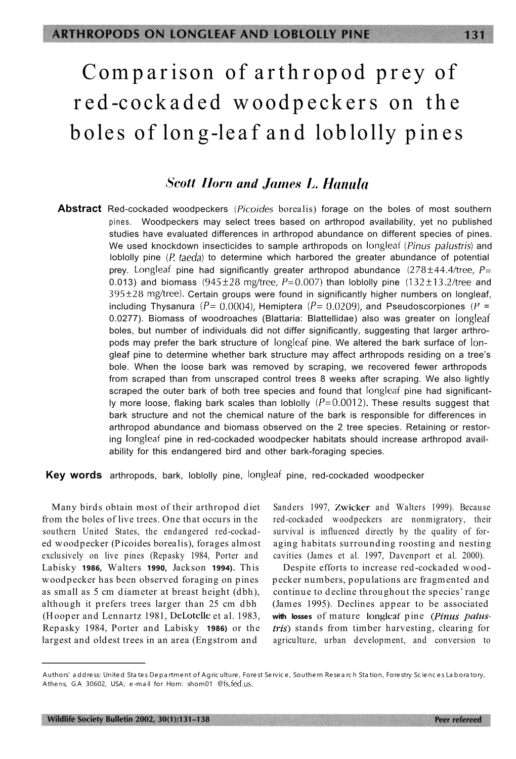 Comparison of Arthropod Prey of Red-Cockaded Woodpeckers on the Boles of Long-Leaf and Loblolly Pines