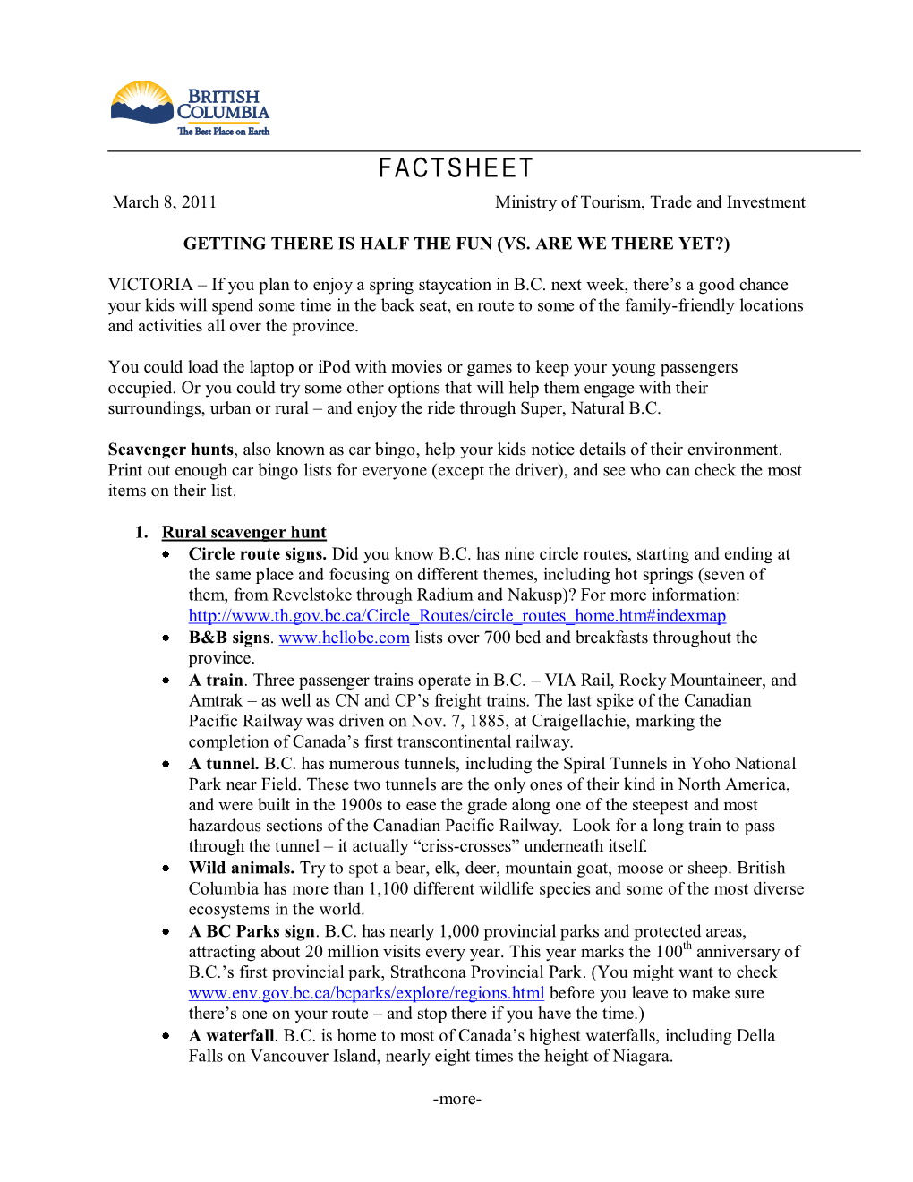FACTSHEET March 8, 2011 Ministry of Tourism, Trade and Investment