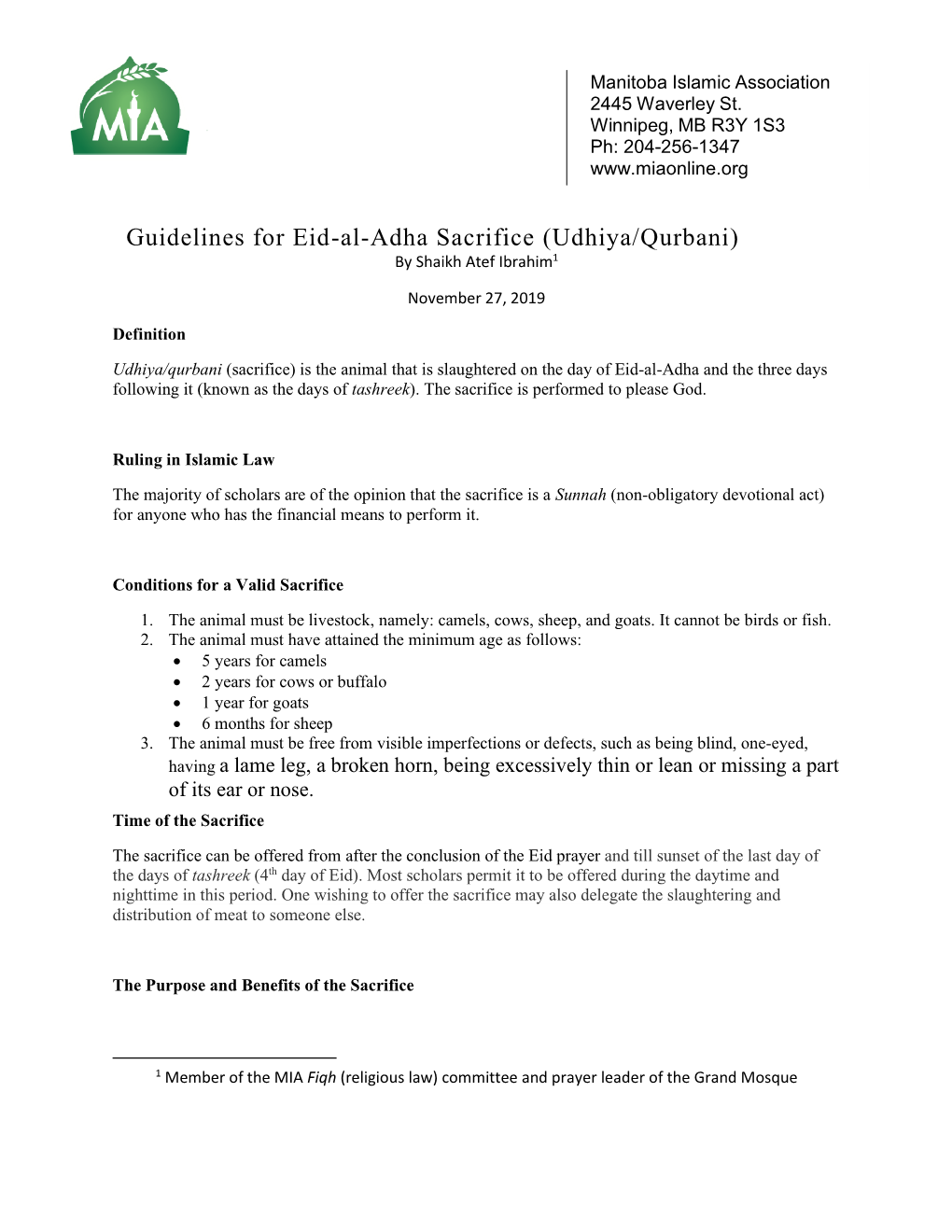 Guidelines for Eid-Al-Adha Sacrifice (Udhiya/Qurbani) by Shaikh Atef Ibrahim1