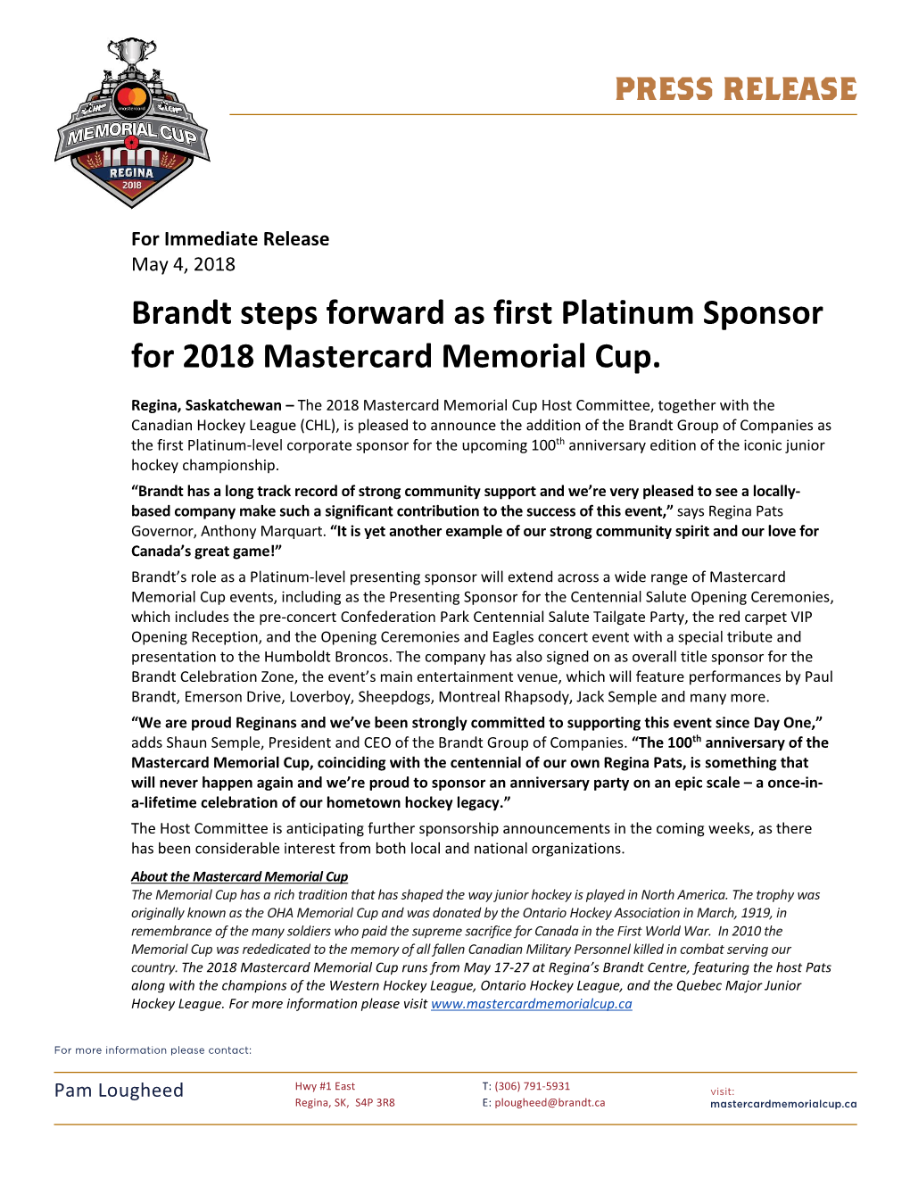 Brandt Steps Forward As First Platinum Sponsor for 2018 Mastercard Memorial Cup