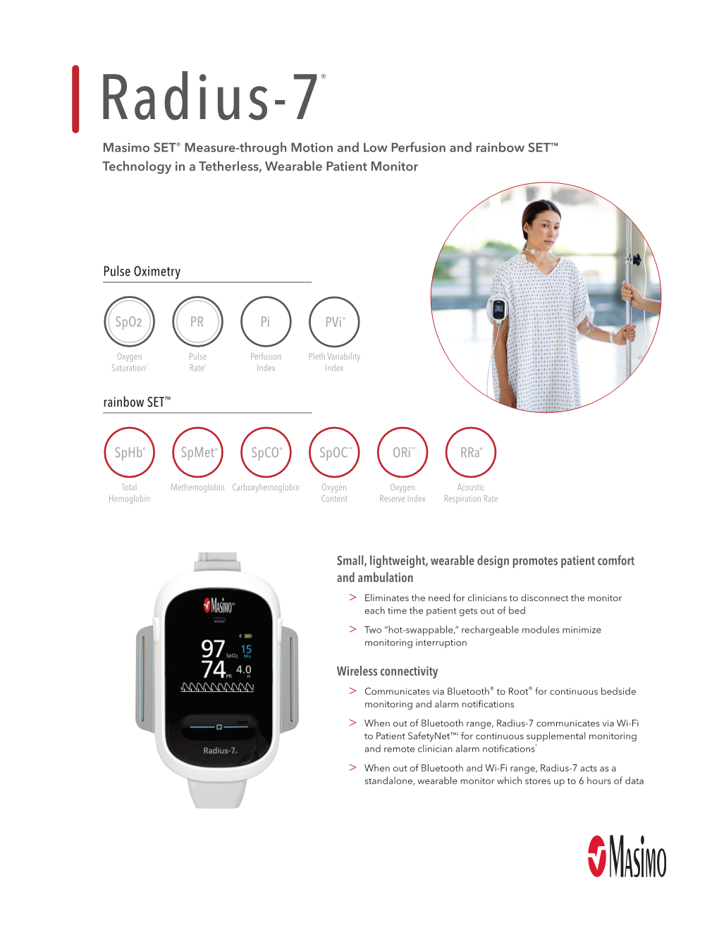 Radius-7® Masimo SET® Measure-Through Motion and Low Perfusion and Rainbow SET™ Technology in a Tetherless, Wearable Patient Monitor