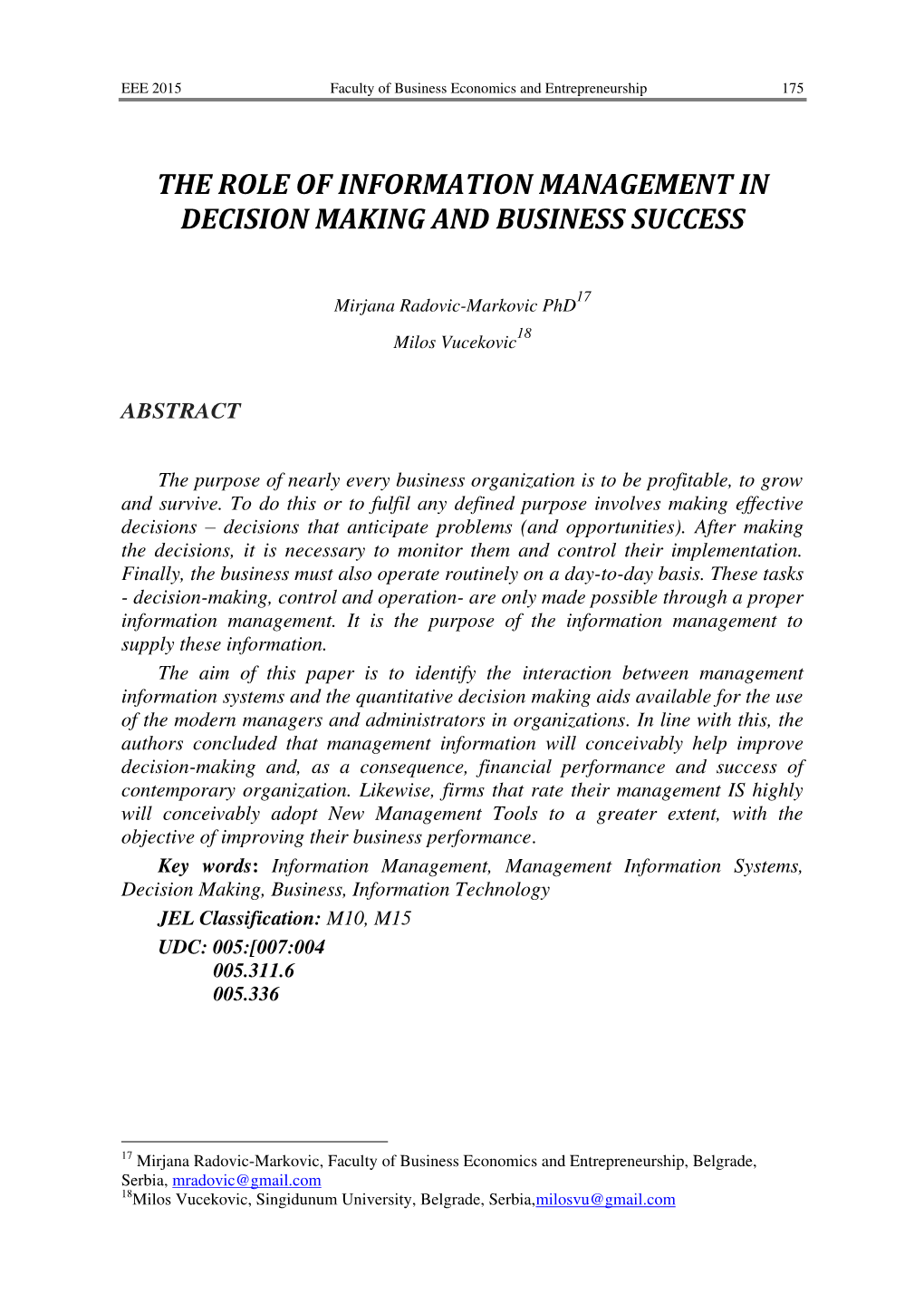 The Role of Information Management in Decision Making and Business Success
