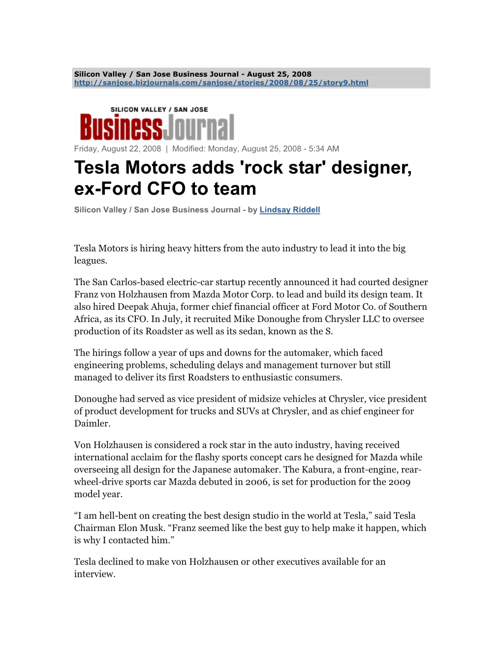 Tesla Motors Adds 'Rock Star' Designer, Ex-Ford CFO to Team Silicon Valley / San Jose Business Journal - by Lindsay Riddell