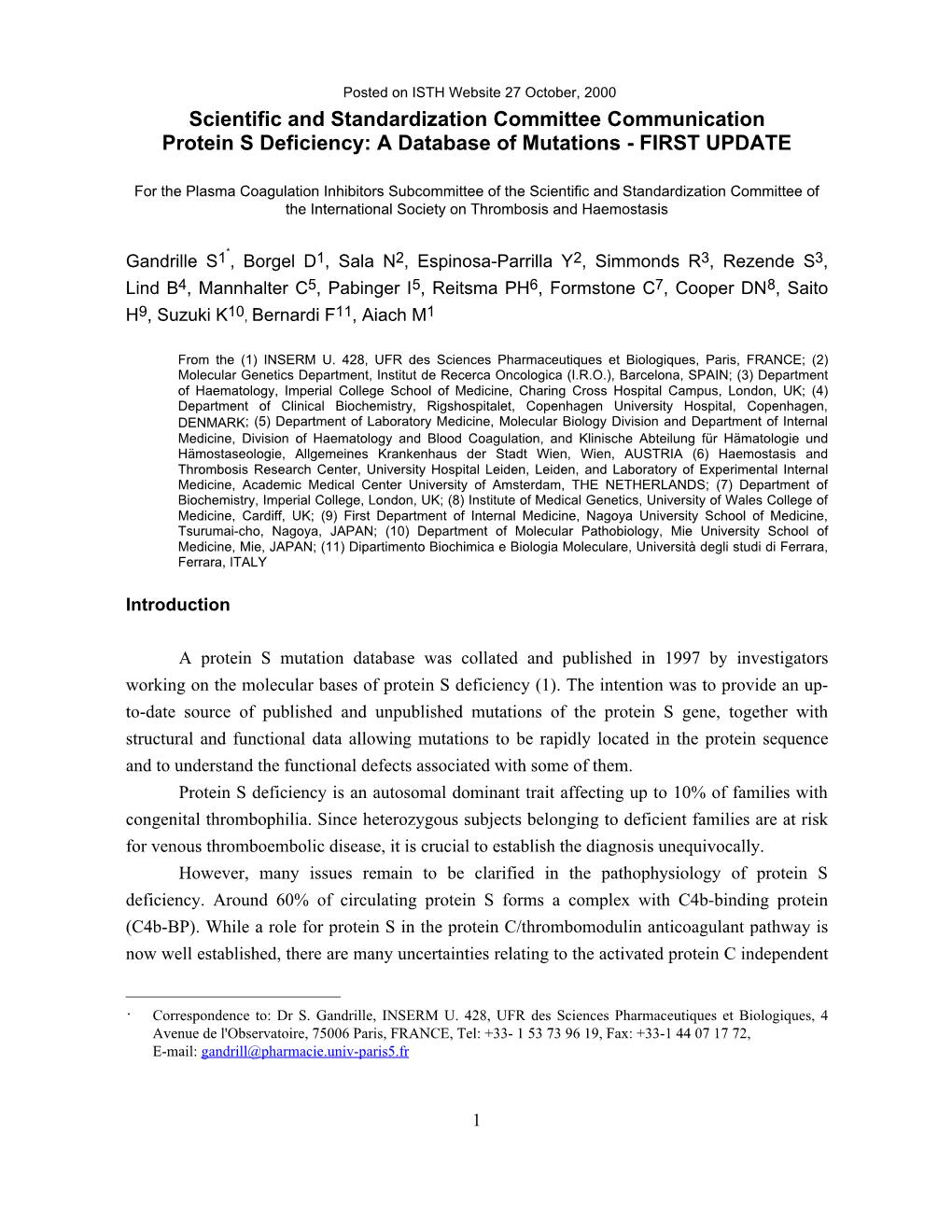 Scientific and Standardization Committee Communication Protein S Deficiency: a Database of Mutations - FIRST UPDATE