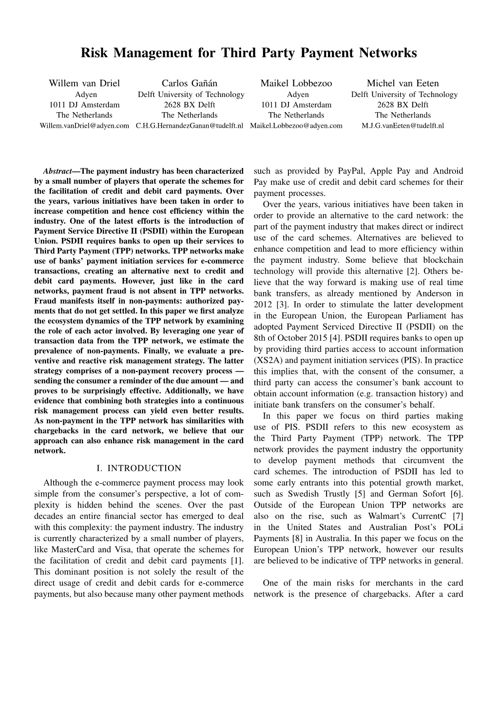 Risk Management for Third Party Payment Networks