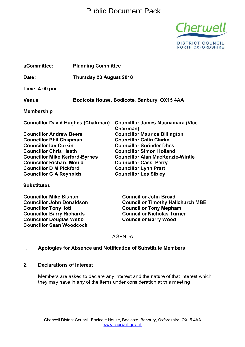 (Public Pack)Agenda Document for Planning Committee, 23/08/2018