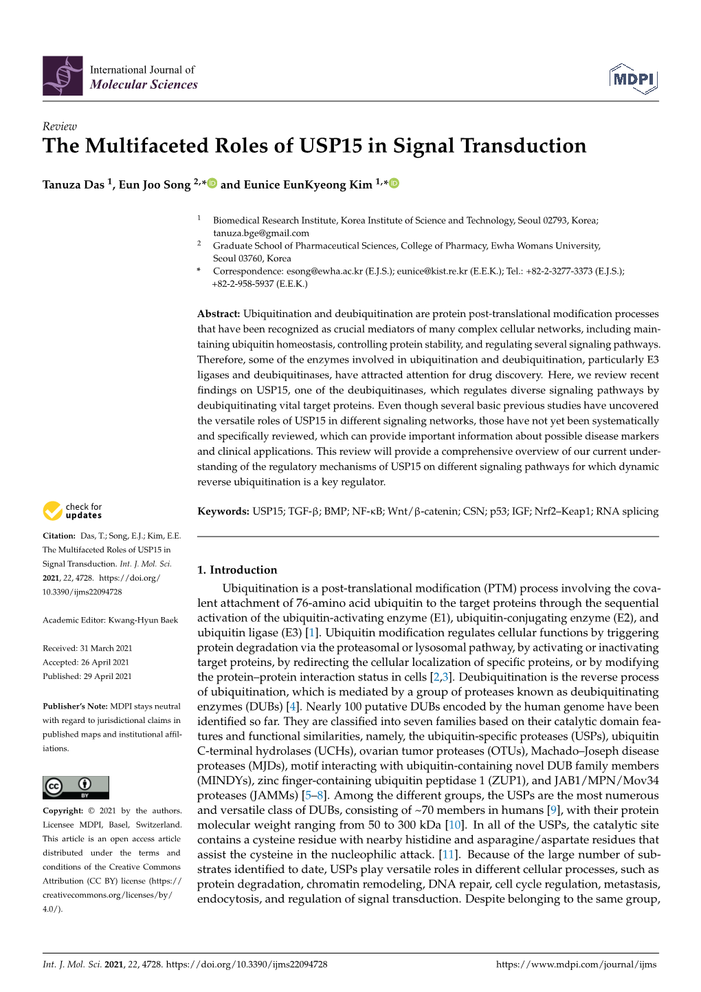 The Multifaceted Roles of USP15 in Signal Transduction