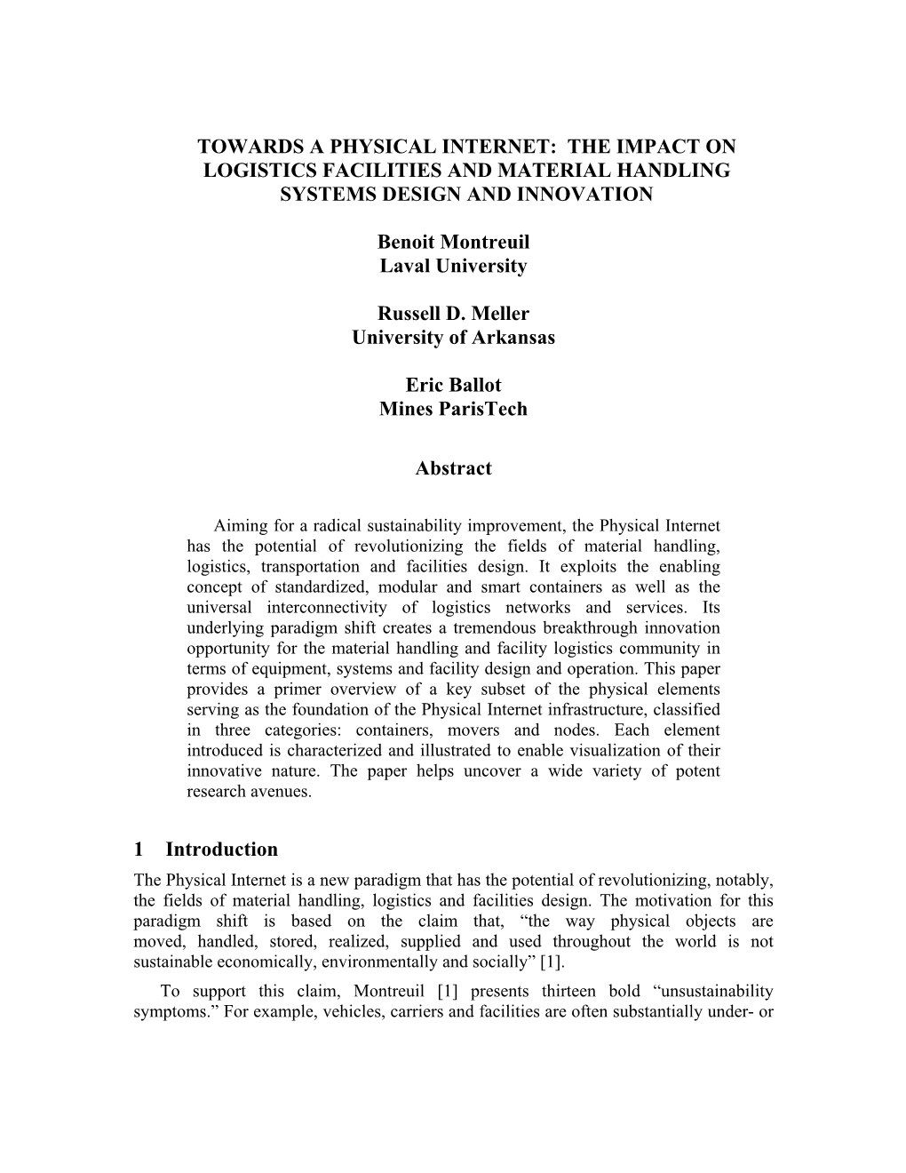 Towards a Physical Internet: the Impact on Logistics Facilities and Material Handling Systems Design and Innovation