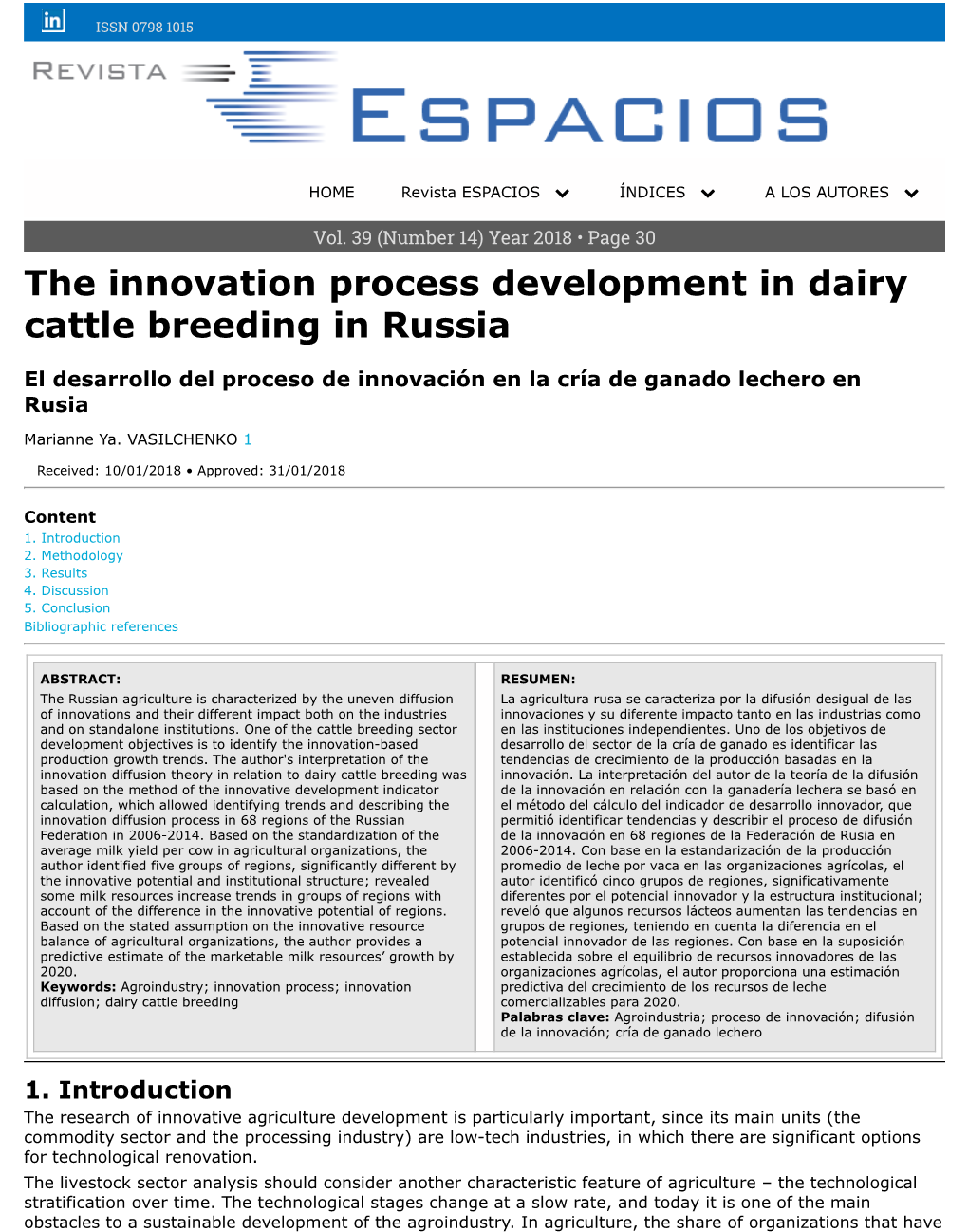 The Innovation Process Development in Dairy Cattle Breeding in Russia