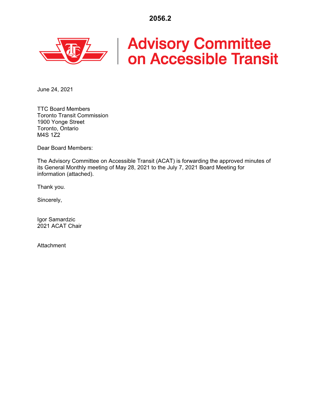 June 24, 2021 TTC Board Members Toronto Transit Commission 1900