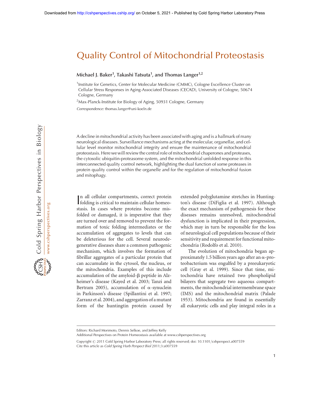 Quality Control of Mitochondrial Proteostasis