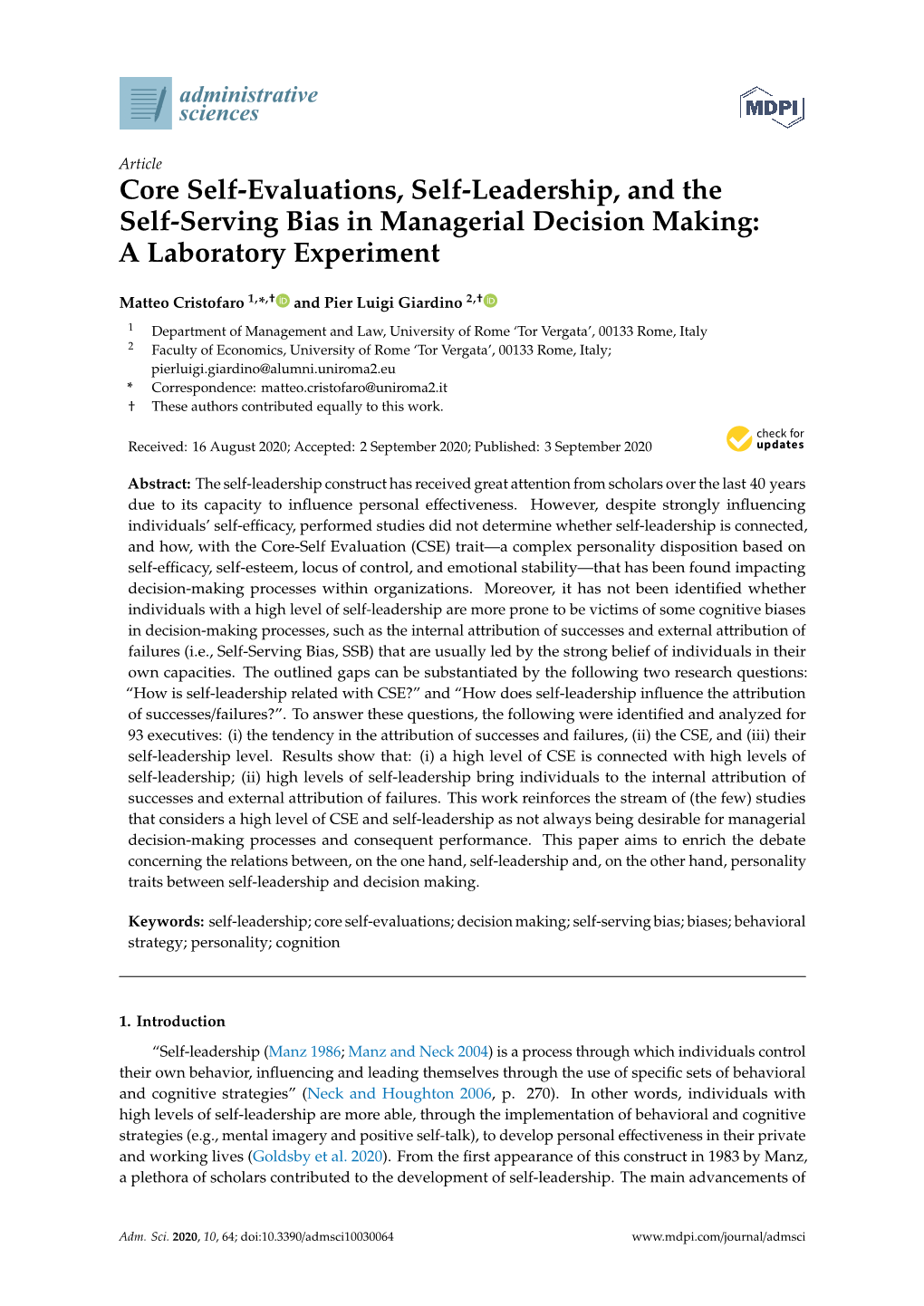 Core Self-Evaluations, Self-Leadership, and the Self-Serving Bias in Managerial Decision Making: a Laboratory Experiment