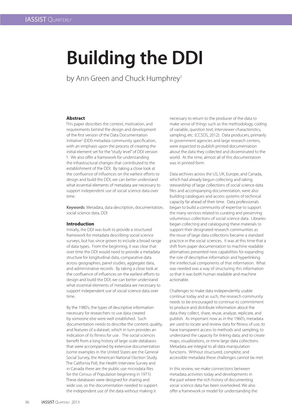 Building the DDI by Ann Green and Chuck Humphrey1