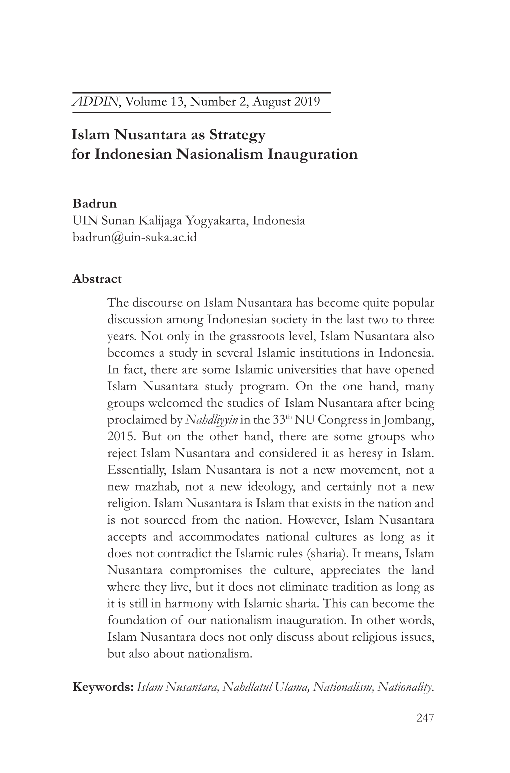 Islam Nusantara As Strategy for Indonesian Nasionalism Inauguration