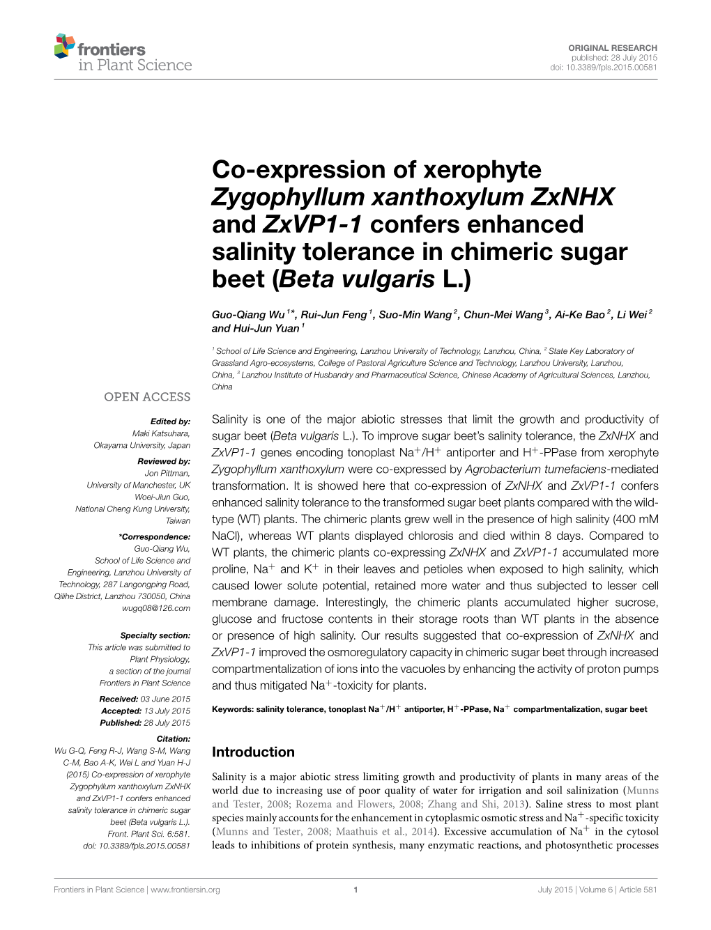 Co-Expression of Xerophyte Zygophyllum Xanthoxylum Zxnhx and Zxvp1-1 Confers Enhanced Salinity Tolerance in Chimeric Sugar Beet (Beta Vulgaris L.)