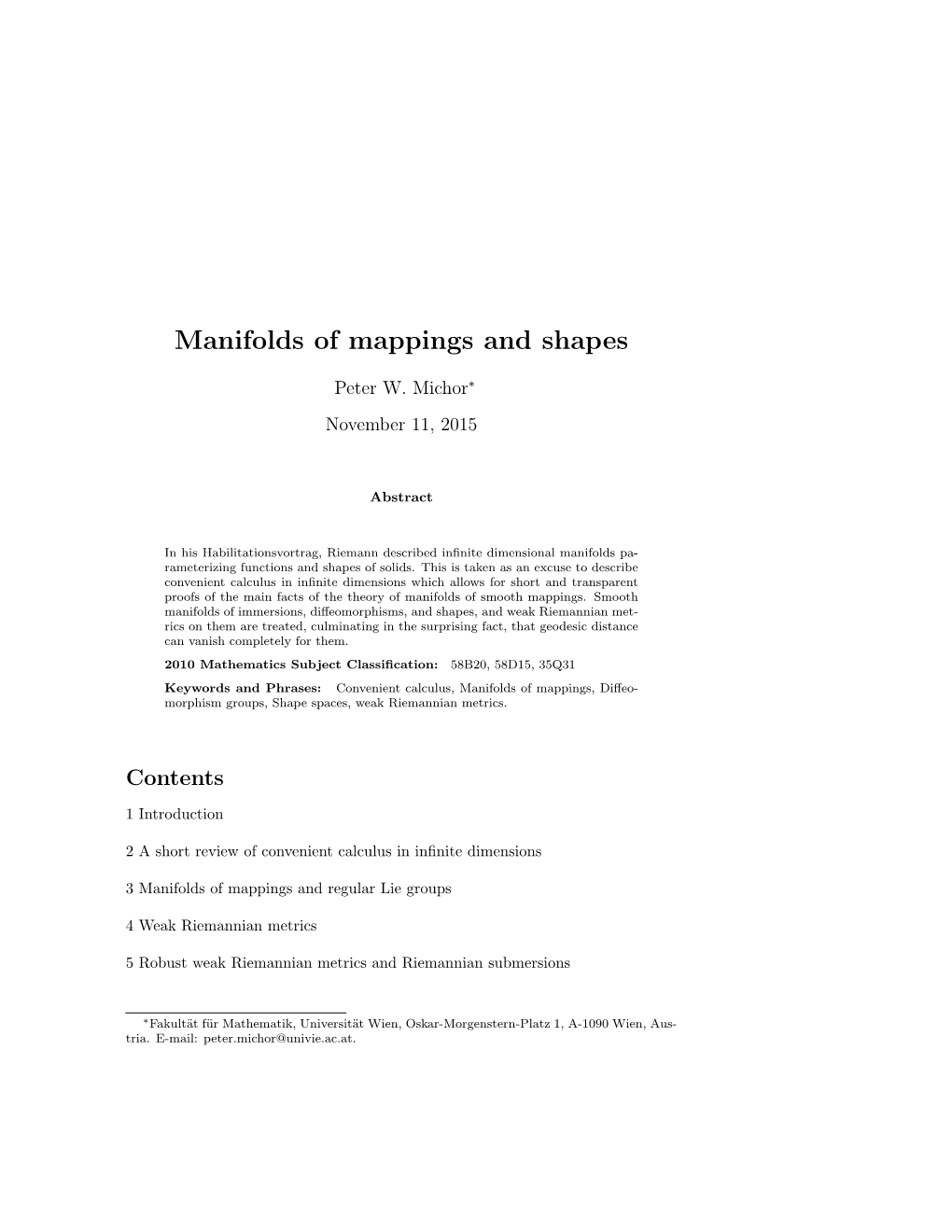 Manifolds of Mappings and Shapes