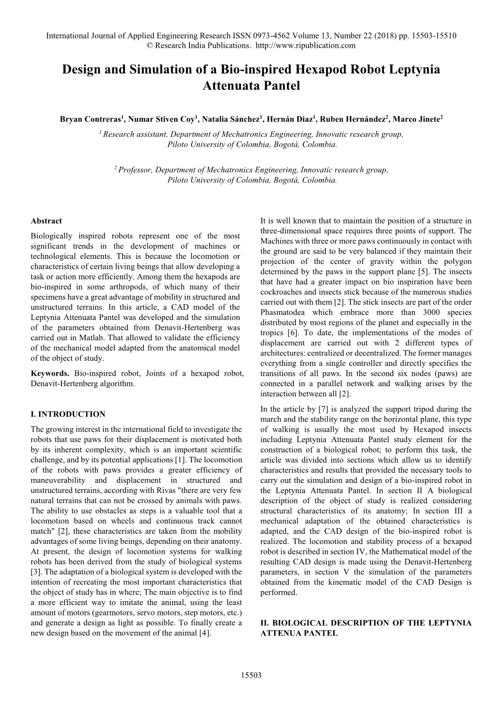 Design and Simulation of a Bio-Inspired Hexapod Robot Leptynia Attenuata Pantel