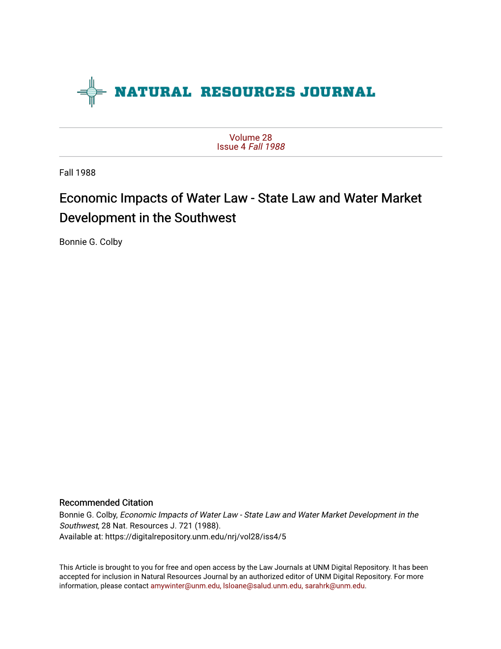 Economic Impacts of Water Law - State Law and Water Market Development in the Southwest