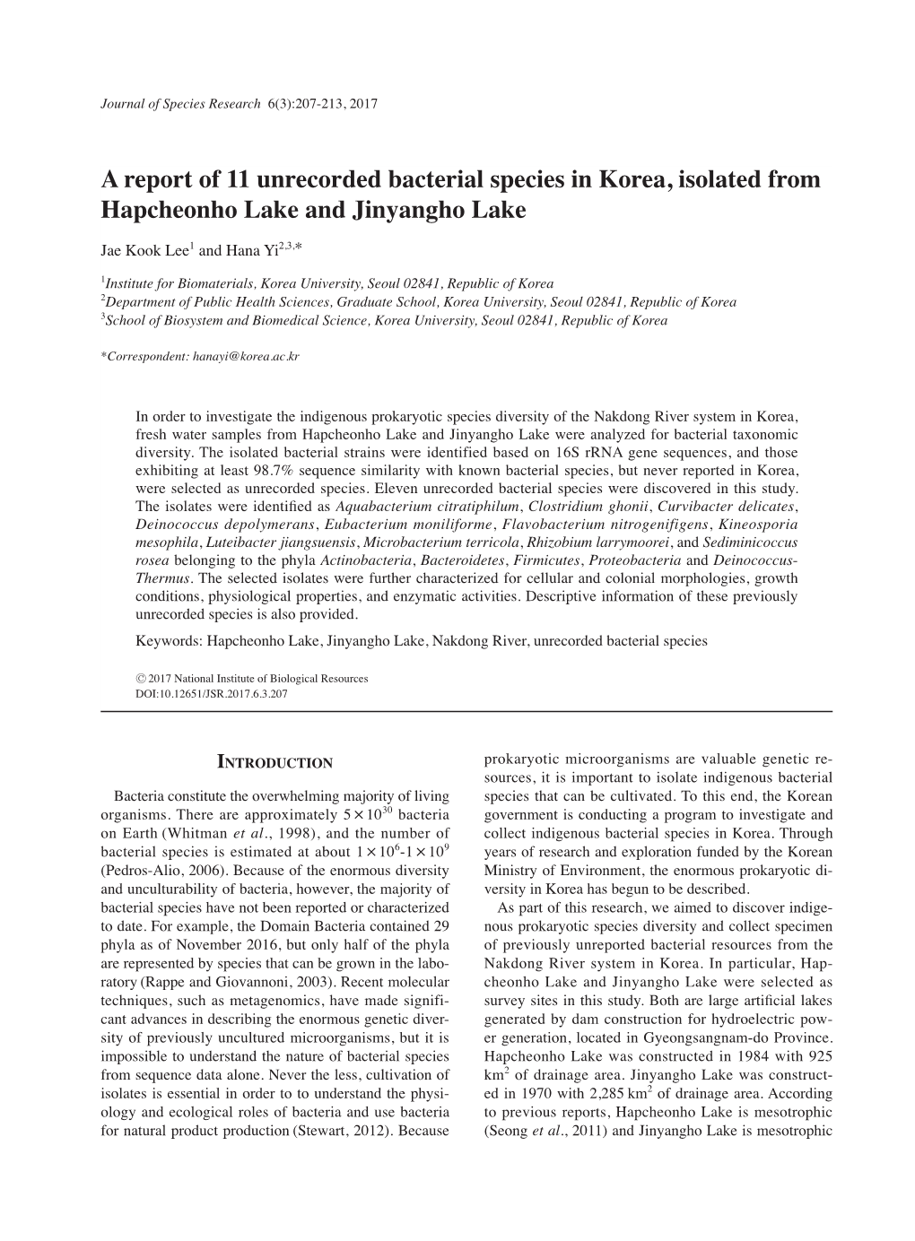 A Report of 11 Unrecorded Bacterial Species in Korea, Isolated from Hapcheonho Lake and Jinyangho Lake