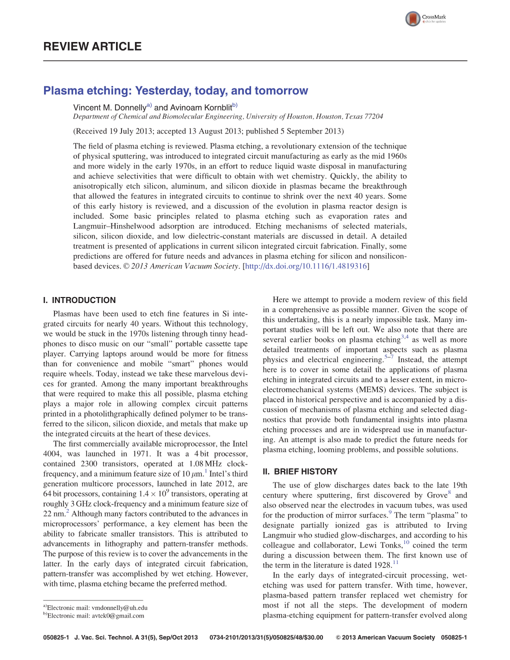 REVIEW ARTICLE Plasma Etching: Yesterday, Today, and Tomorrow