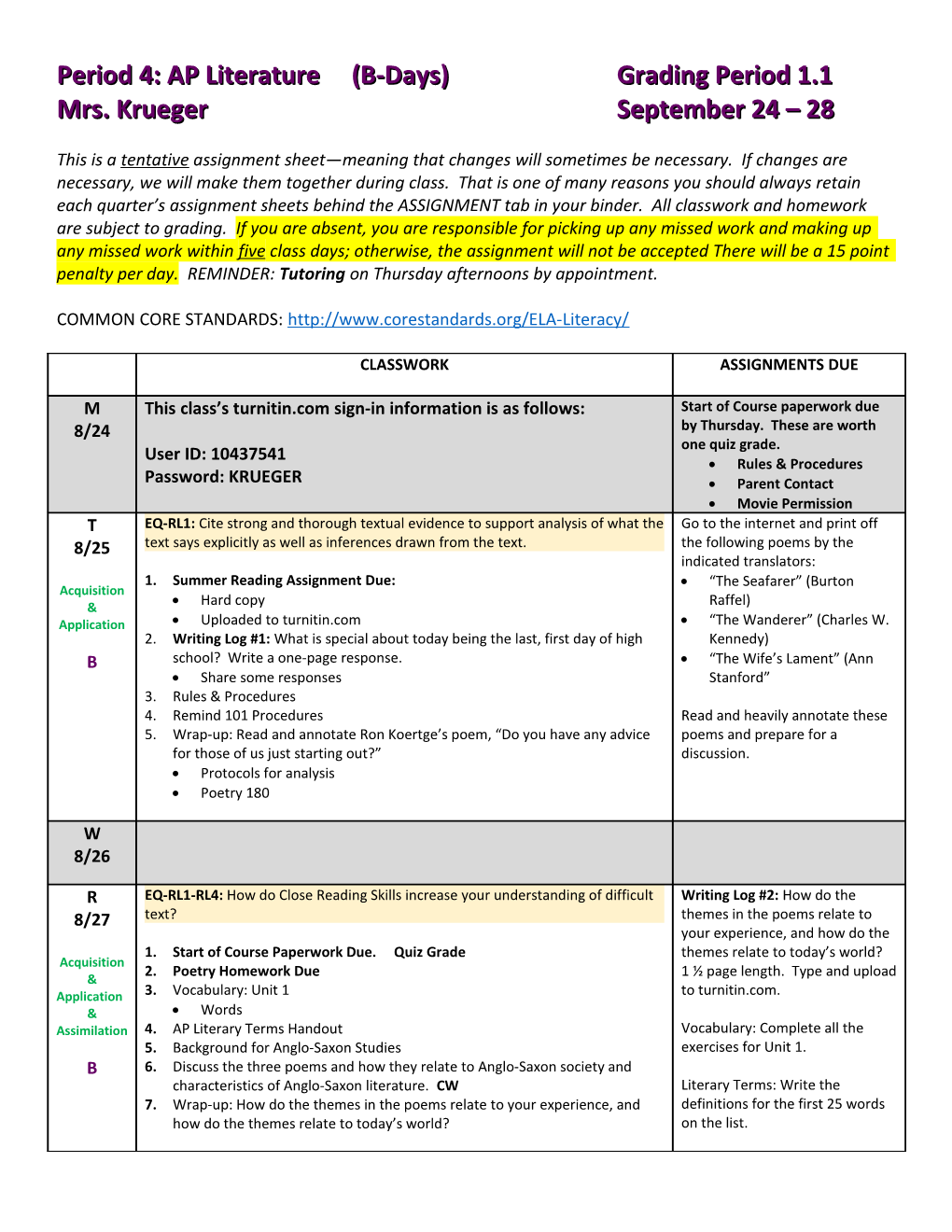 Period 4: AP Literature (B-Days) Grading Period 1.1