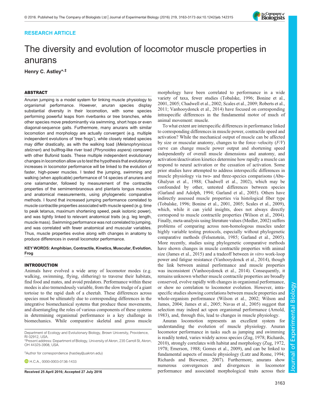 The Diversity and Evolution of Locomotor Muscle Properties in Anurans Henry C