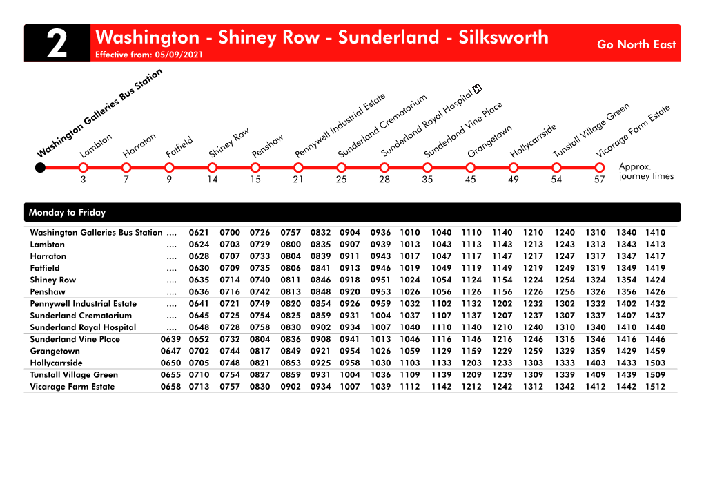 Shiney Row - Sunderland - Silksworth Go North East 2 Effective From: 05/09/2021