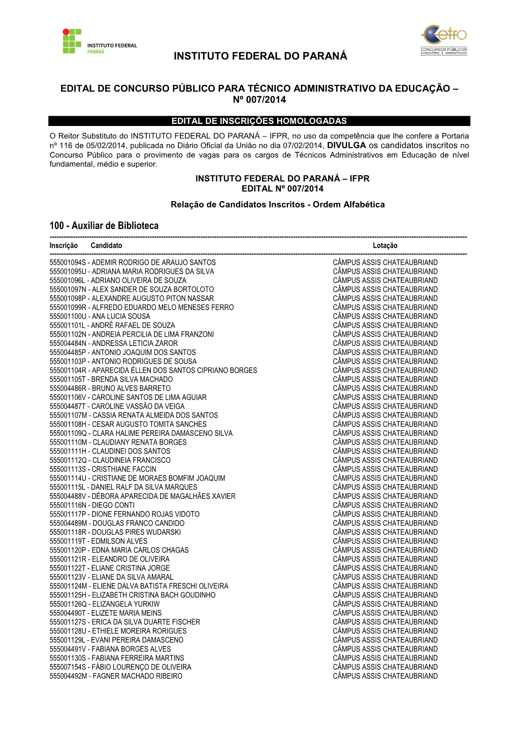 Edital De Inscrições Homologadas