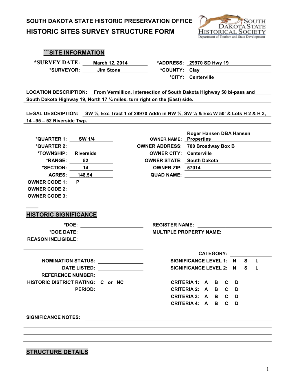 Historic Sites Survey Structure Form