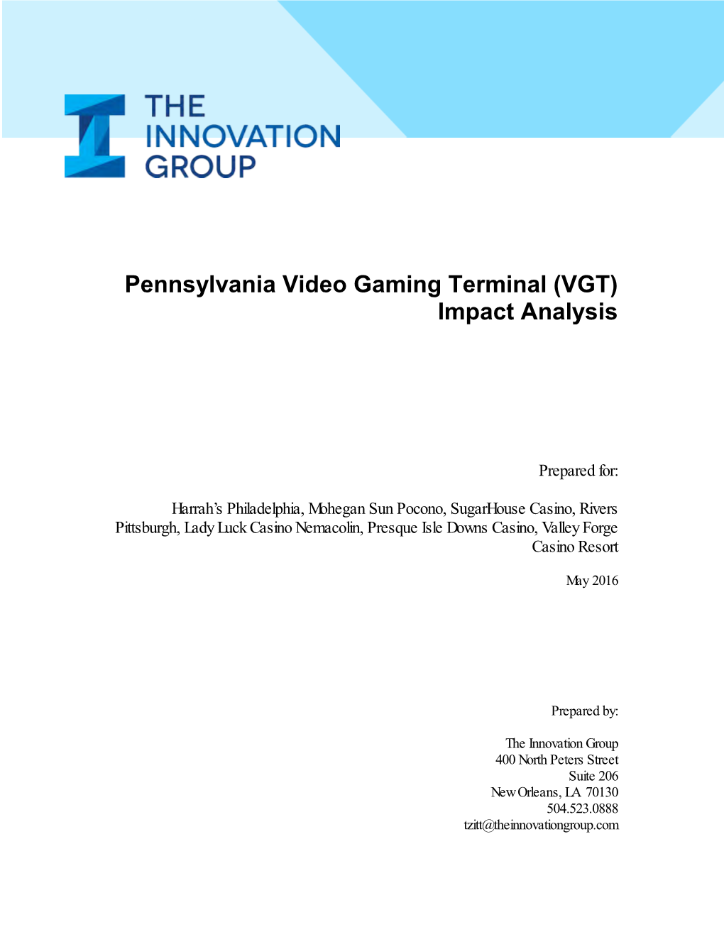 Pennsylvania Video Gaming Terminal (VGT) Impact Analysis