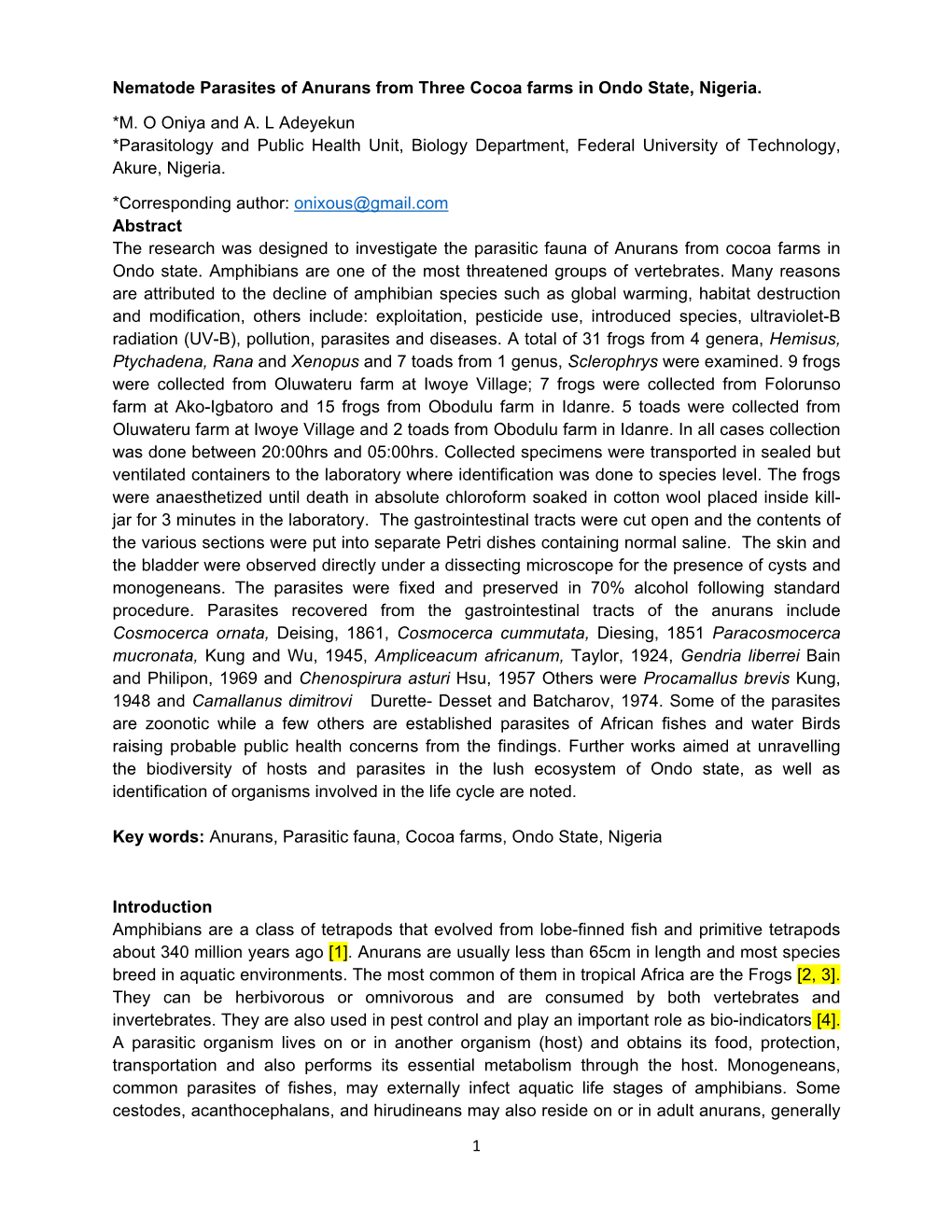 1 Nematode Parasites of Anurans from Three Cocoa Farms in Ondo
