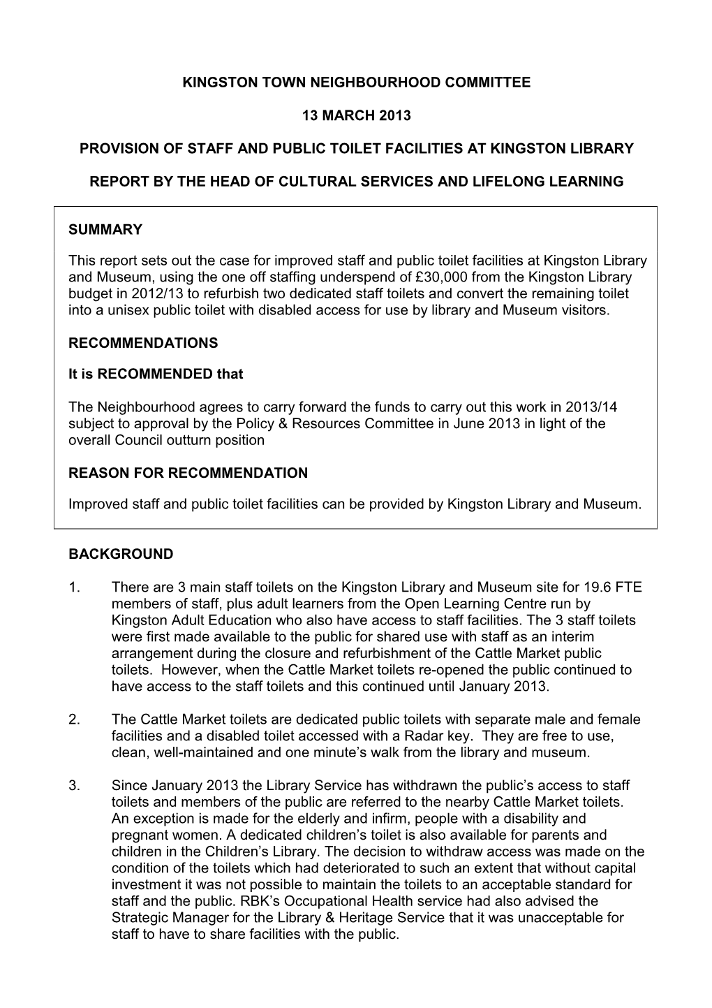 Provision of Staff and Public Toilet Facilities at Kingston Library PDF