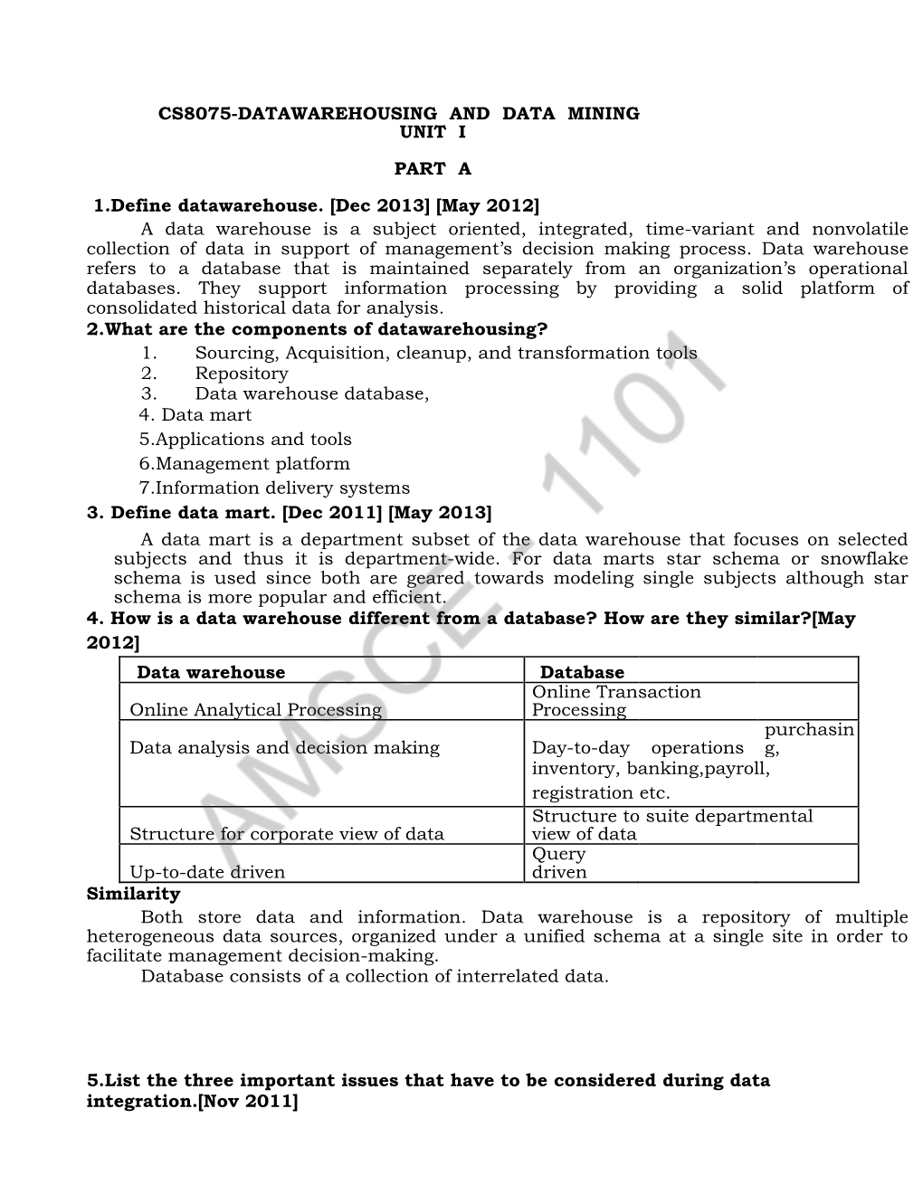 Cs8075-Datawarehousing and Data Mining Unit I Part a 1