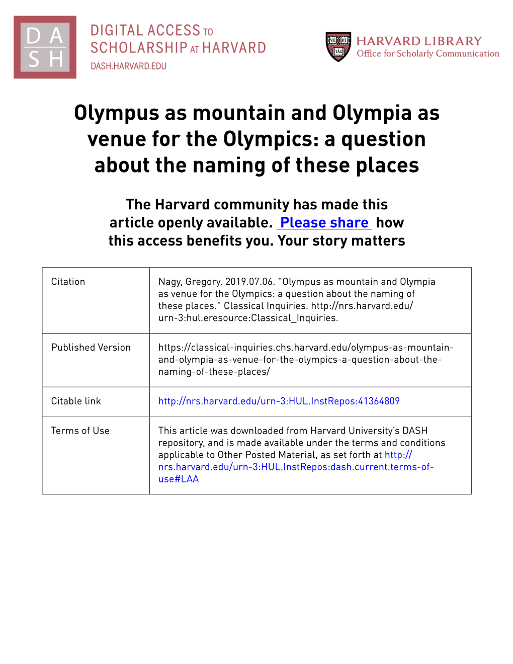 Olympus As Mountain and Olympia As Venue for the Olympics: a Question About the Naming of These Places