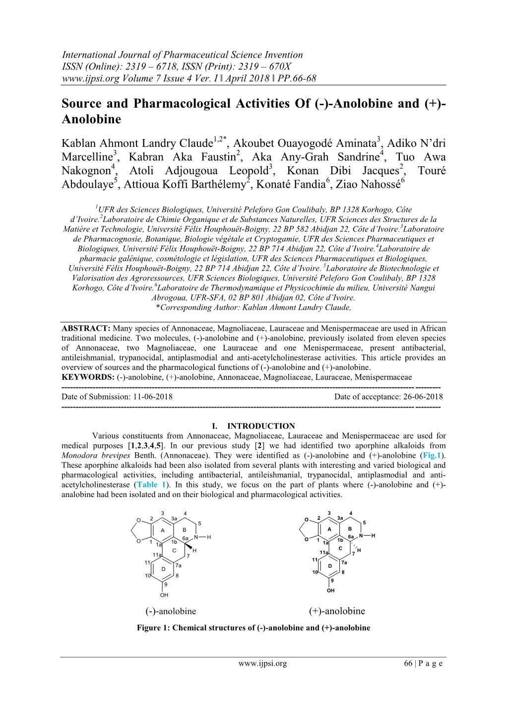 Source and Pharmacological Activities of (-)-Anolobine and (+)- Anolobine