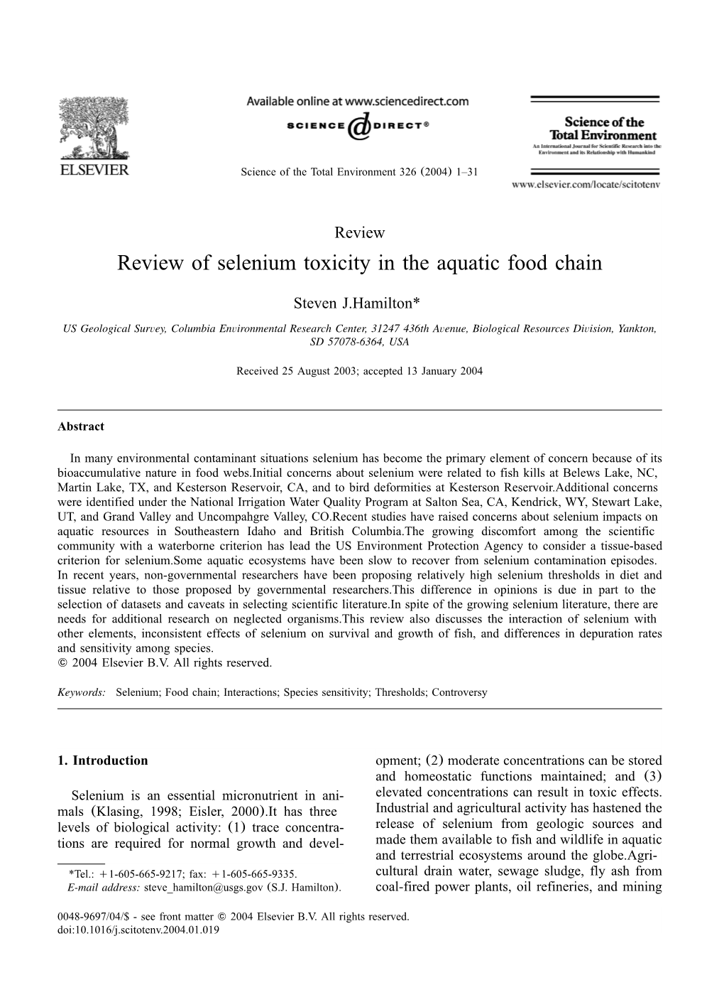 Review of Selenium Toxicity in the Aquatic Food Chain