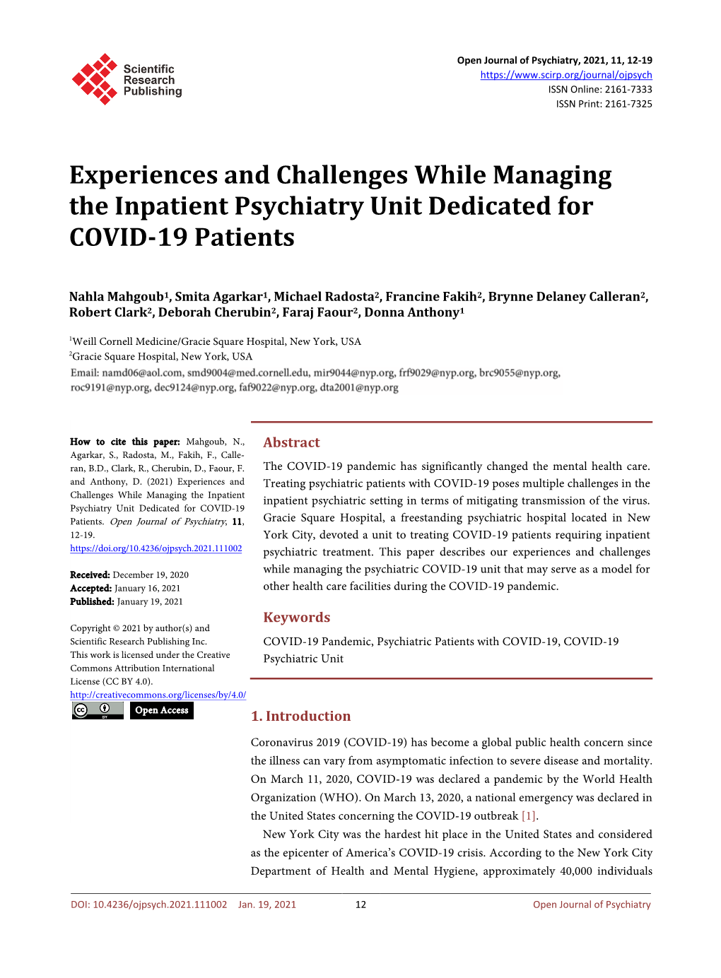 Experiences and Challenges While Managing the Inpatient Psychiatry Unit Dedicated for COVID-19 Patients