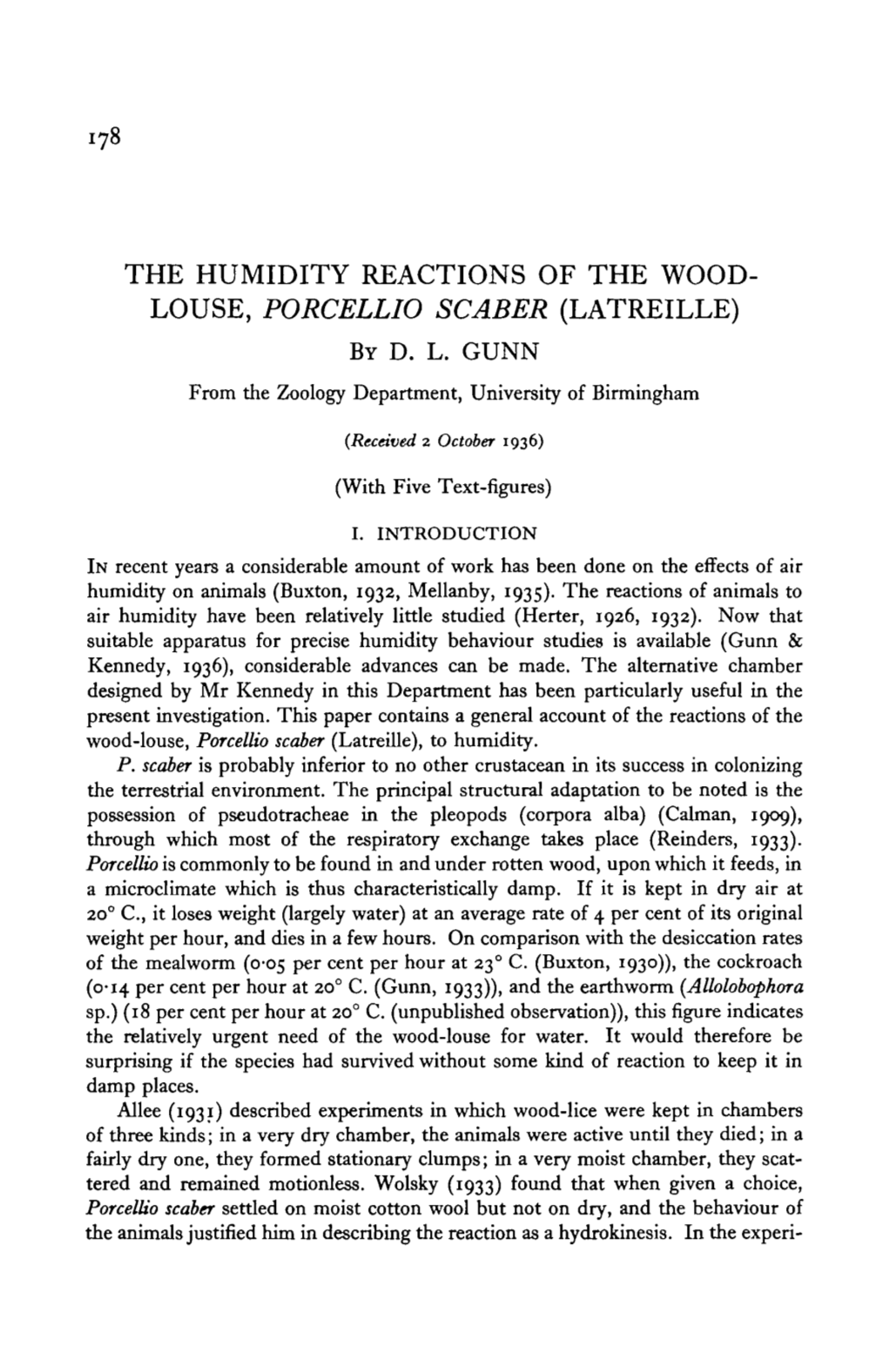 The Humidity Reactions of the Wood- Louse, Porcellio Scaber (Latreille) by D