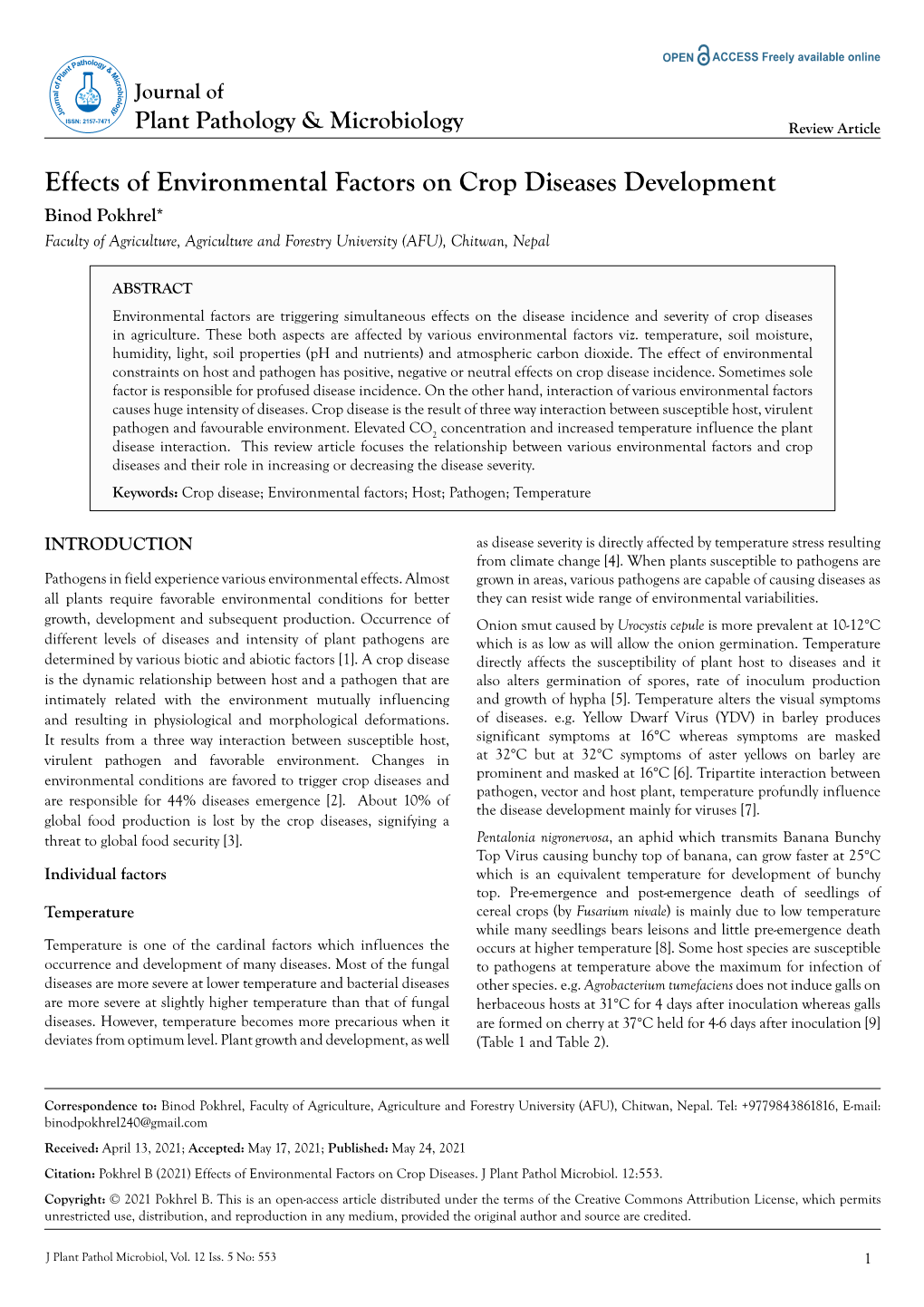 Effects of Environmental Factors on Crop Diseases Development'