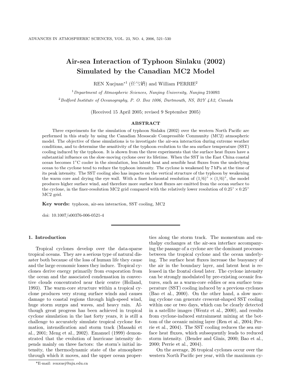 Air-Sea Interaction of Typhoon Sinlaku (2002) Simulated by the Canadian MC2 Model