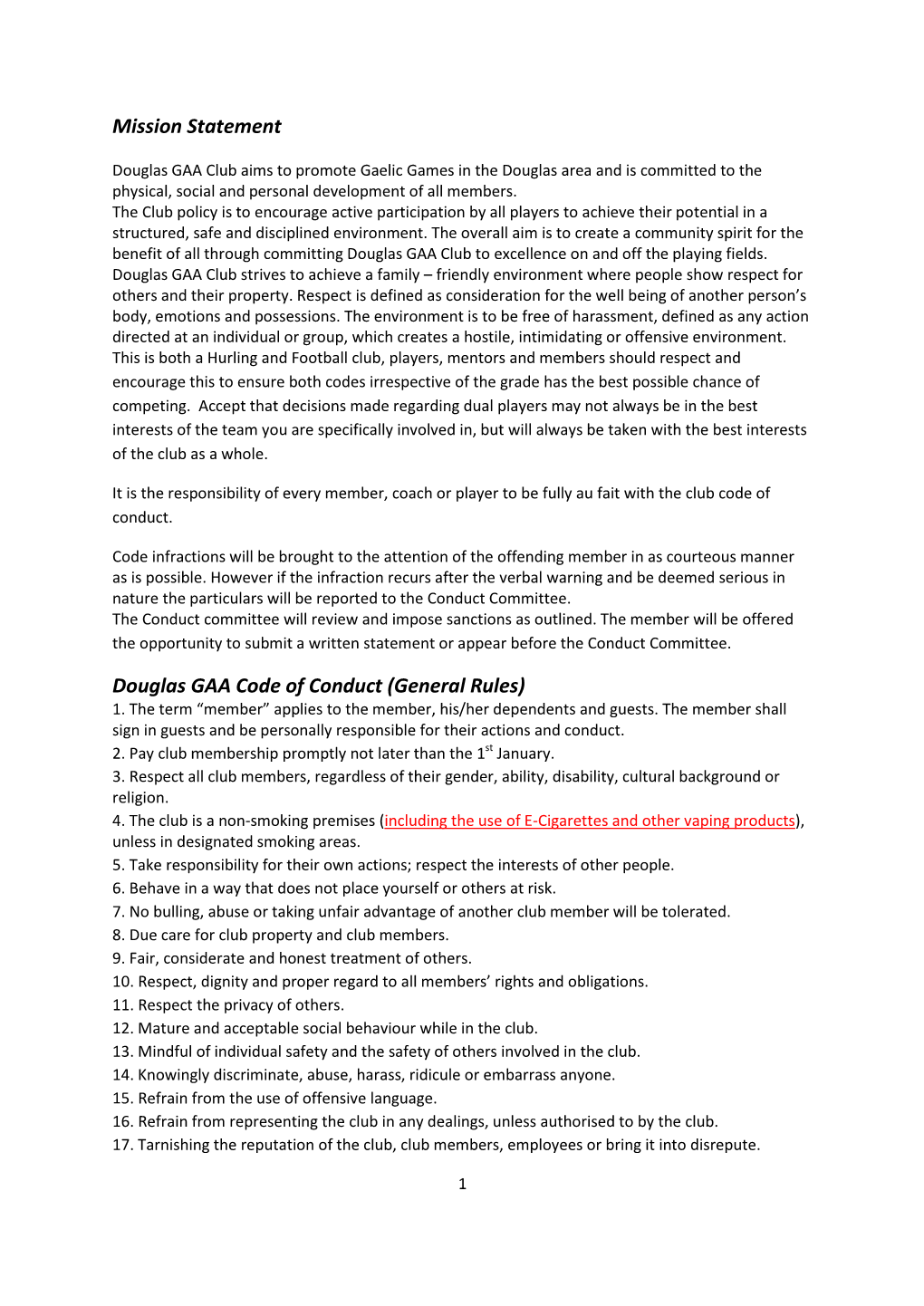 Mission Statement Douglas GAA Code of Conduct (General Rules)