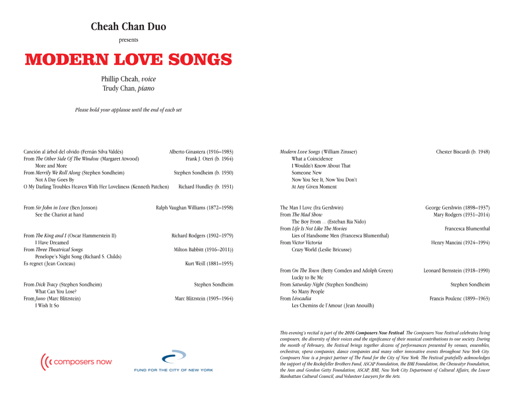 MODERN LOVE SONGS Phillip Cheah, Voice Trudy Chan, Piano