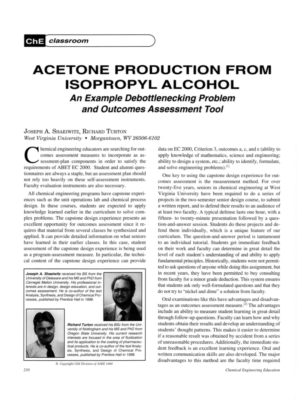 ACETONE PRODUCTION from ISOPROPYL ALCOHOL an Example Debottlenecking Problem and Outcomes Assessment Tool