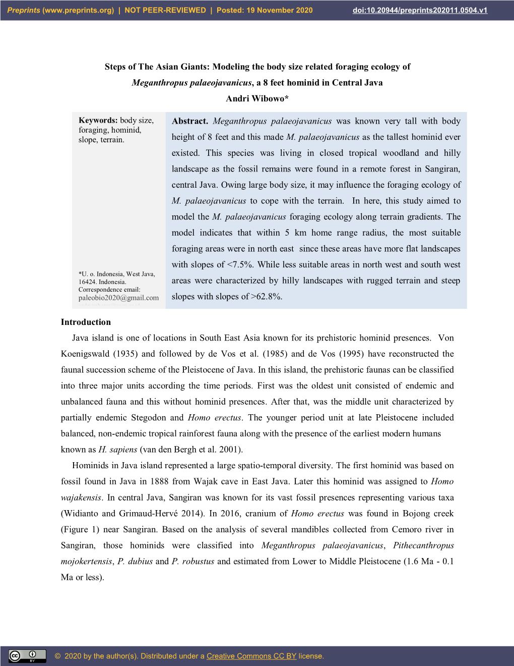 Steps of the Asian Giants: Modeling the Body Size Related Foraging Ecology of Meganthropus Palaeojavanicus, a 8 Feet Hominid in Central Java Andri Wibowo*