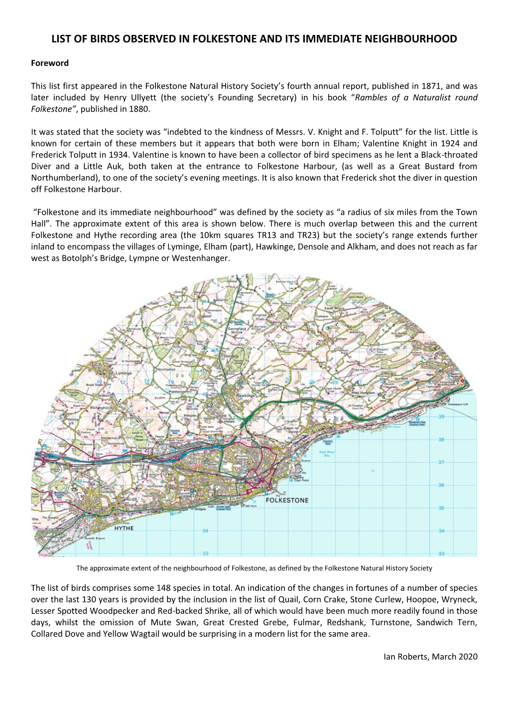 List of Birds Observed in Folkestone and Its Immediate Neighbourhood