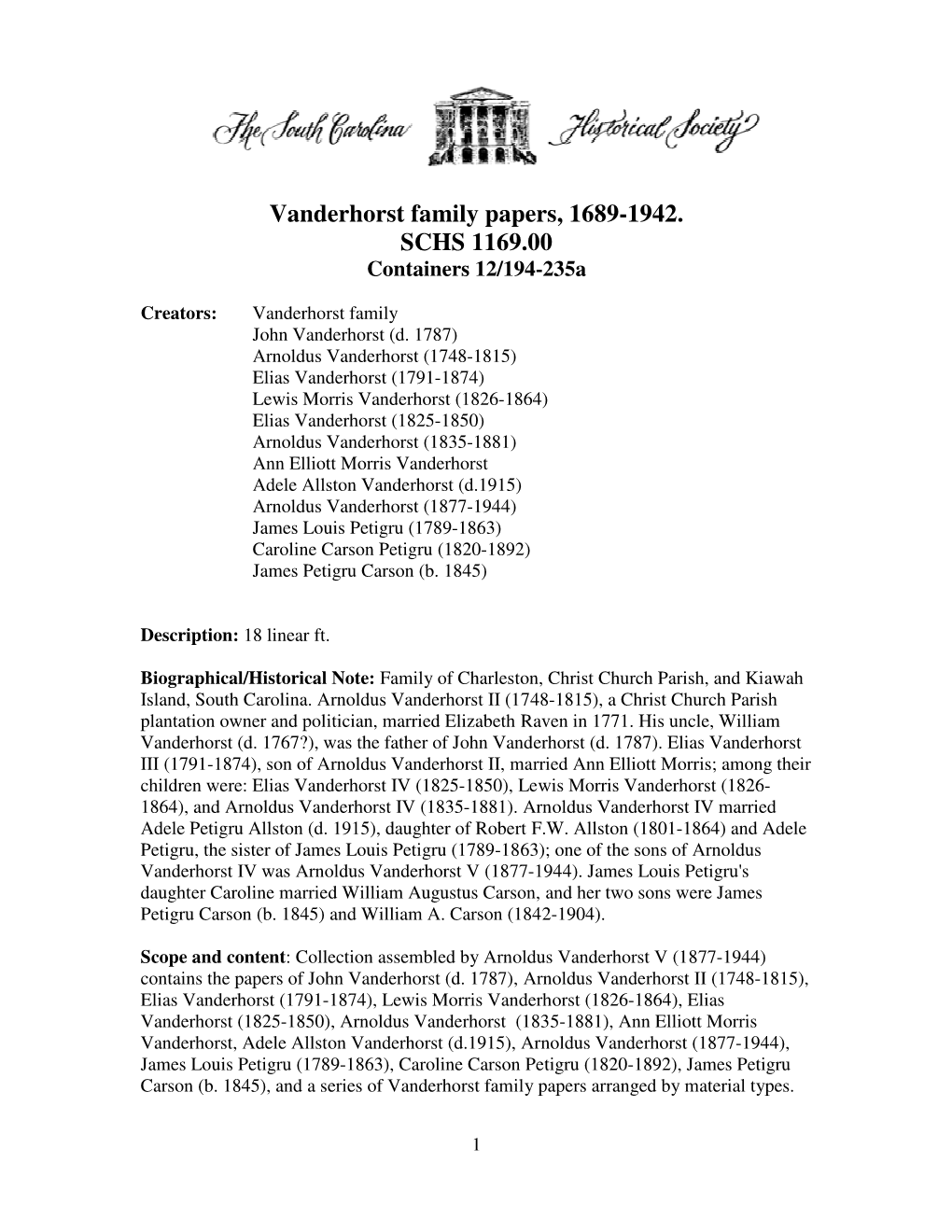 Vanderhorst Family Papers, 1689-1942